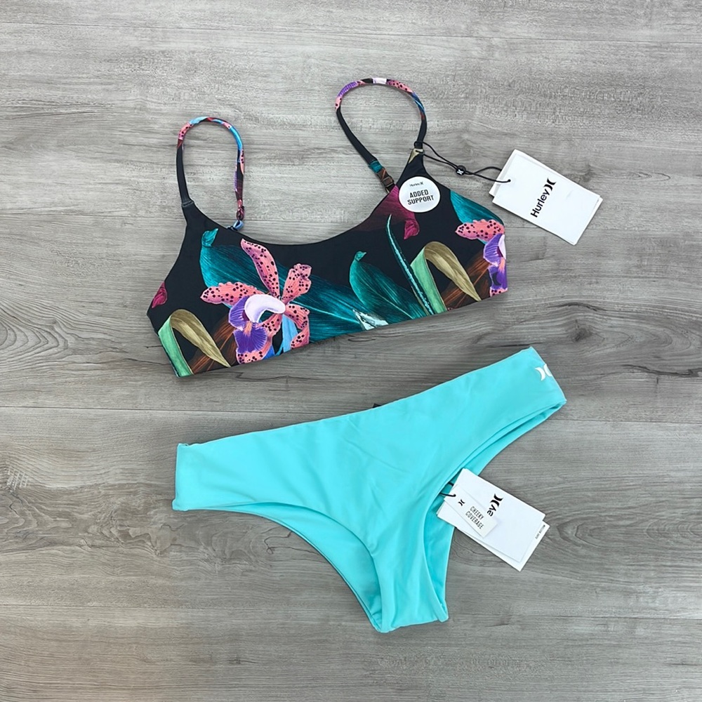 ☀️HURLEY☀️ ORCHID SNACK ADJUSTABLE HIPSTER SURF BOTTOM BIKINI SET - Picture 2 of 14